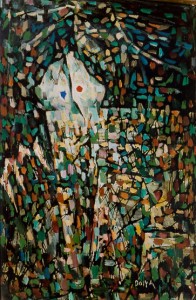A painting of a white woman standing in the middle of a crowd.