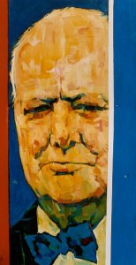 A painting of an older man 's face in yellow and blue.