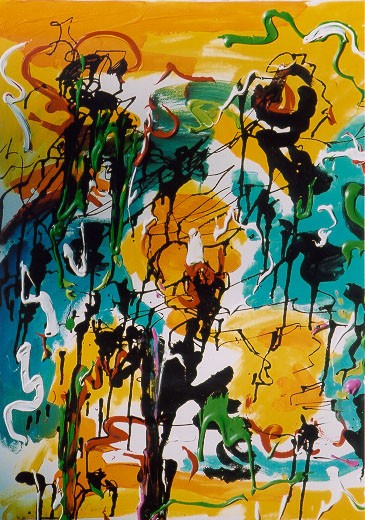 A painting of yellow, green and black paint.