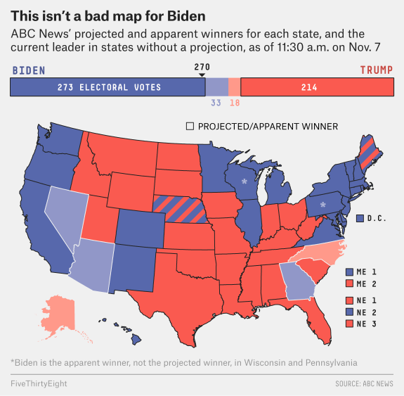 The presidential electoral college map as of Saturday, Nov. 7, when major news services called the race for Biden.