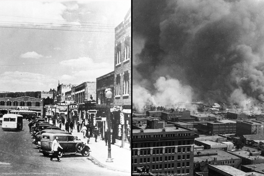 Montage of the Greenwood section of Tulsa, OK and the 1921 massacre caused by a white mob.